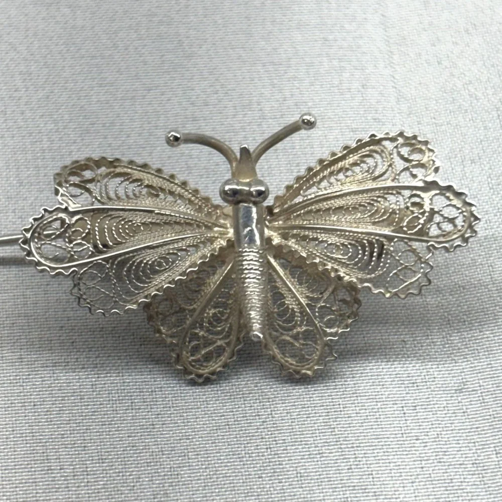 Vintage Butterfly Brooch Unisex OS Silver Excellent 800 Coin Filigree Italian